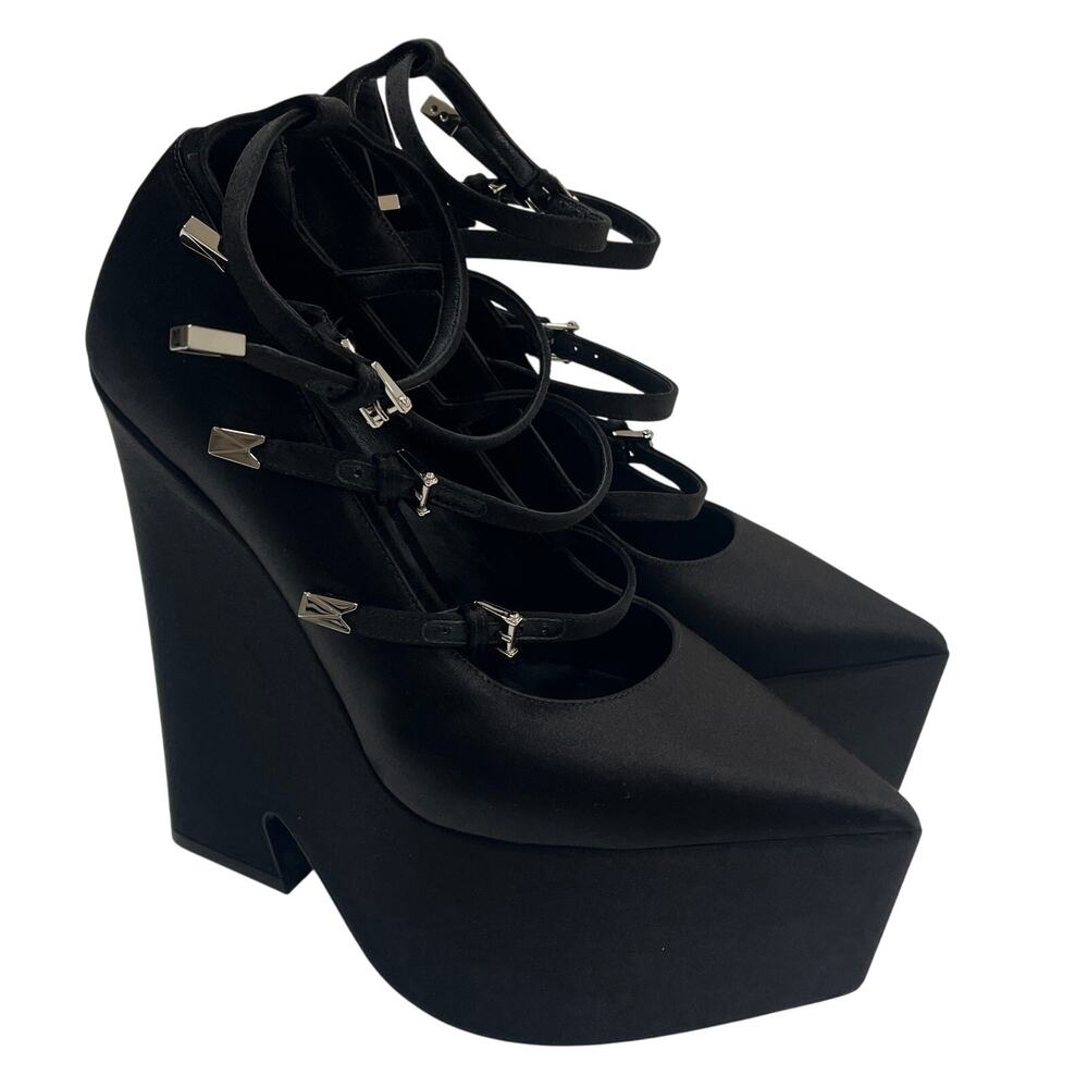 S2-1 VERSACE 4-Strap Heels Pump Tempest Wedge Satin Black IT39.5/US9.5